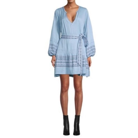 Roller Rabbit Nydia Blue Crosshatch Embroidered Puff Sleeve Boho Mini Dress S - Picture 1 of 16